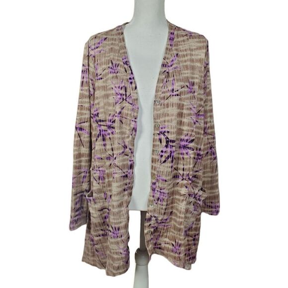 Logo Lori Goldstein Cardigan Size 1X Floral Purple Brown Artsy Cottagecore - Picture 2 of 9